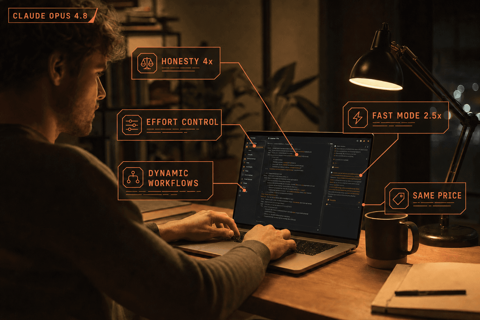 Infographic of the five updates that shipped with Claude Opus 4.8: honesty, effort control, dynamic workflows, fast mode, and same pricing