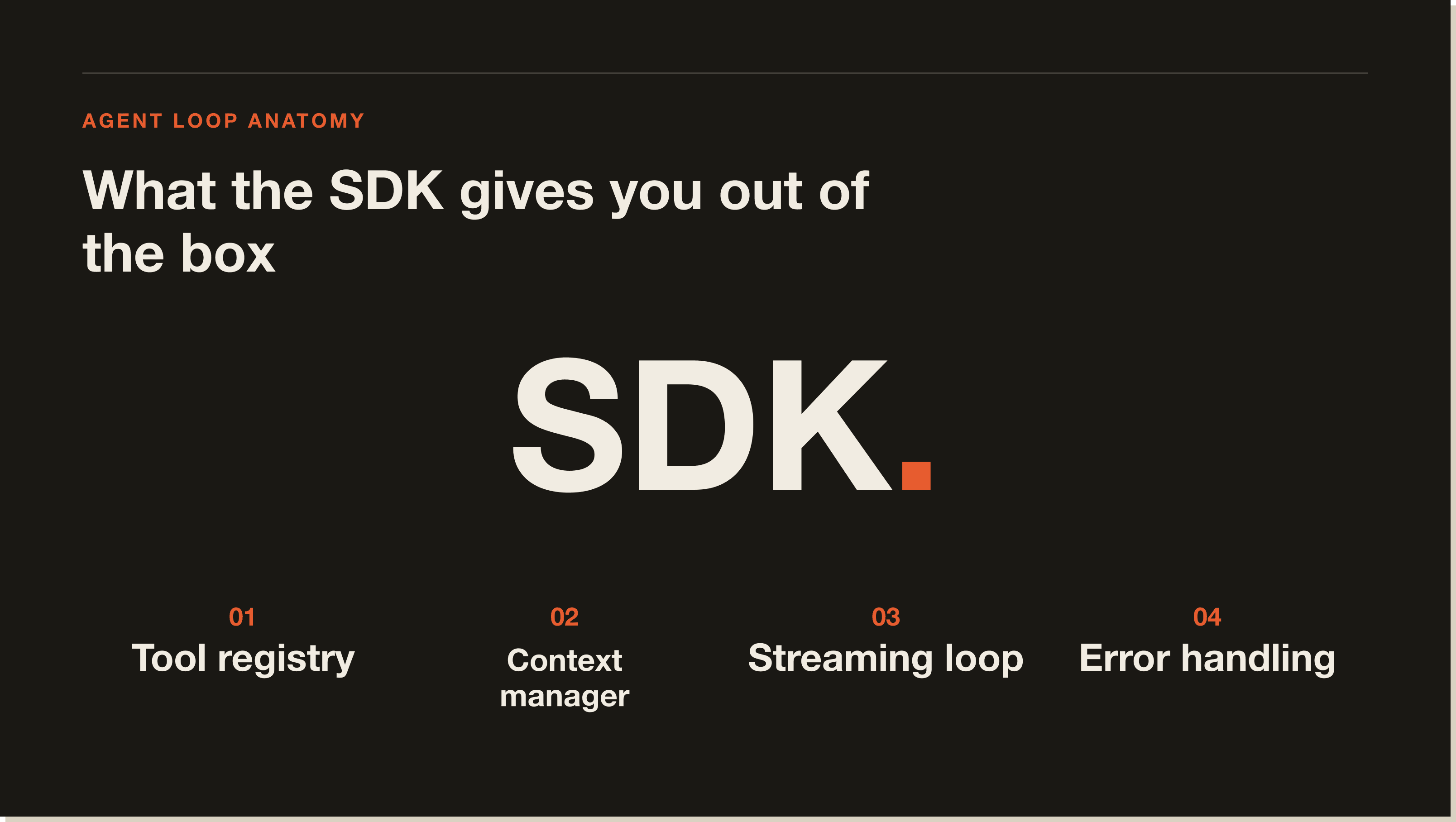 Four primitives the SDK ships with. Skip these and you're rebuilding plumbing every project. A four-part concept panel of what the SDK gives you out of the box: tool registry, context manager, streaming, error handling
