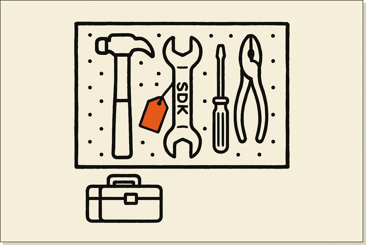 The SDK as a toolkit: the agent loop, tool registry, and streaming layer come prebuilt. A small pegboard of arranged tools with one wrench tagged in orange representing the SDK
