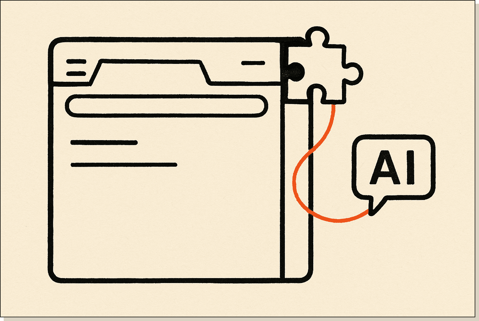 What the extension actually is: a side panel with eyes on the active tab. A browser window with a small puzzle-piece extension icon in the corner connected by an orange thread to a floating AI chat bubble