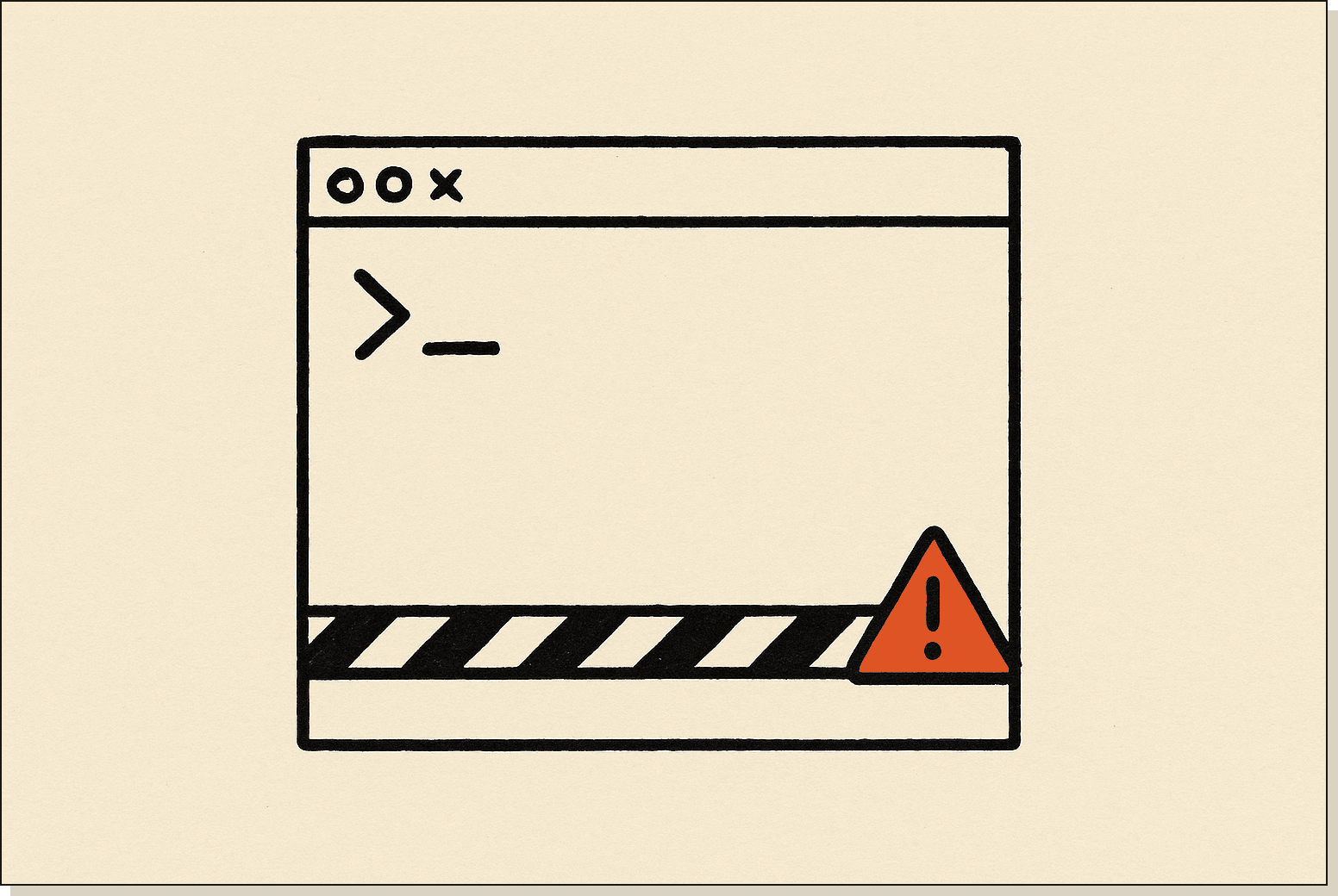The flag turns off every prompt. The trade-off is real. The conditions where it's safe are narrow. A terminal window with a thin caution-tape stripe across the bottom and an orange warning triangle in one corner