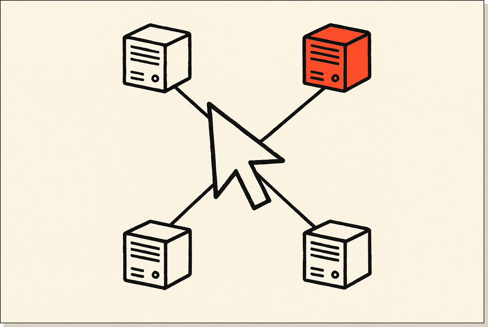 MCP is the spoke pattern that wires Claude into the systems you already run. A central terminal cursor with four thin radial lines reaching out to small server boxes, single orange box on one server