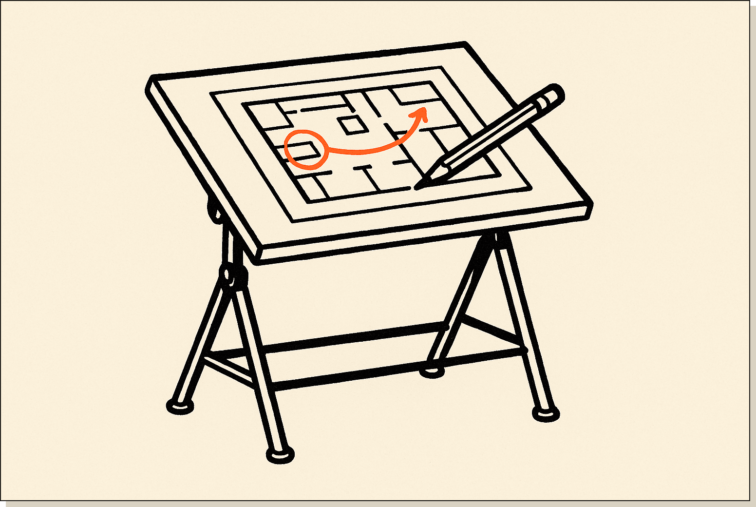 Plan mode is read-only exploration before any keystrokes hit the source. The pencil precedes the diff. A small drafting table with an open plan on it, a pencil resting on top, and a faint orange arrow leading between circled items