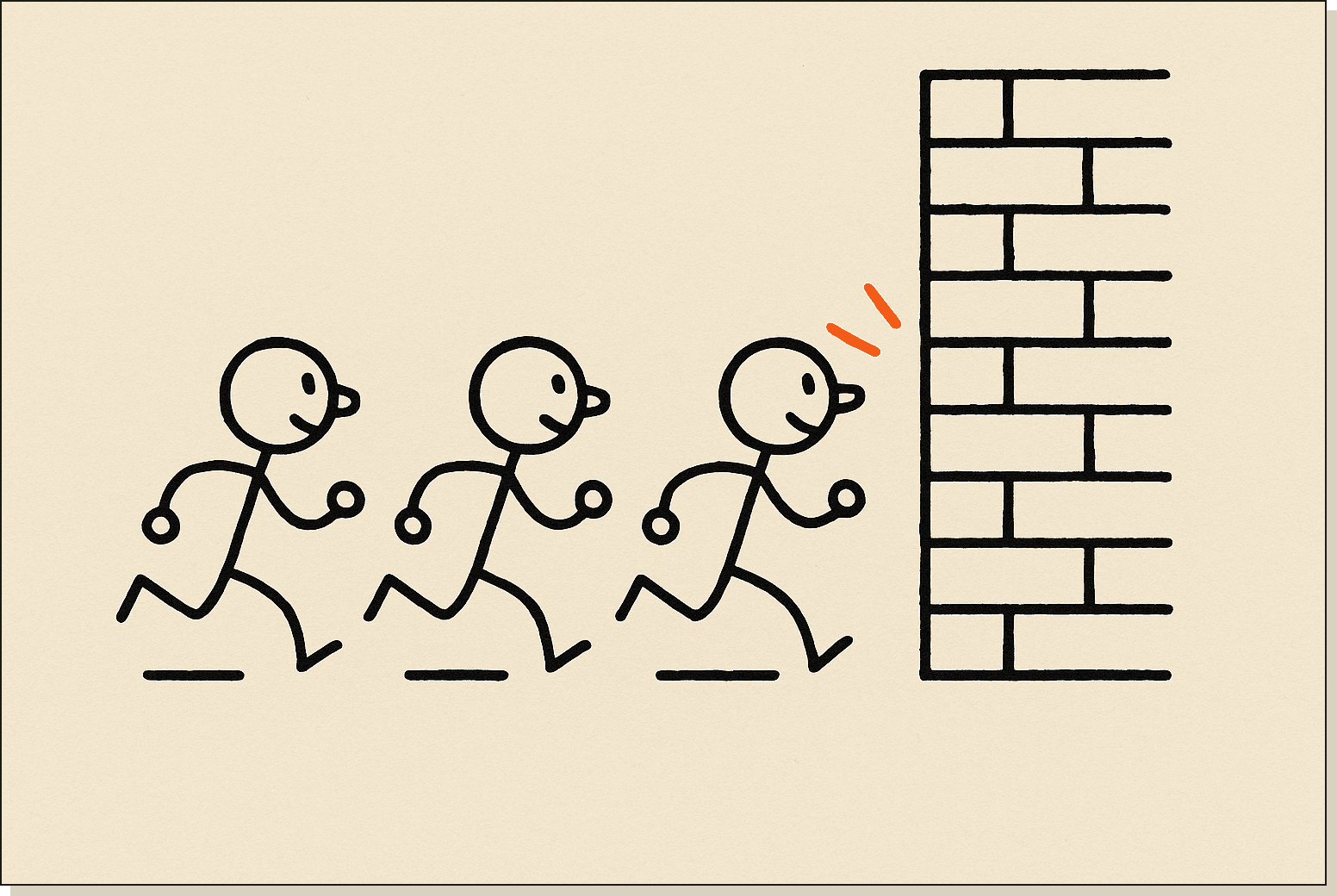 The Ralph loop in one frame: try, fail, try, fail, try, succeed. The agent does the trying. A stick figure mid-stride running into a wall three times, with an orange spark on the third attempt