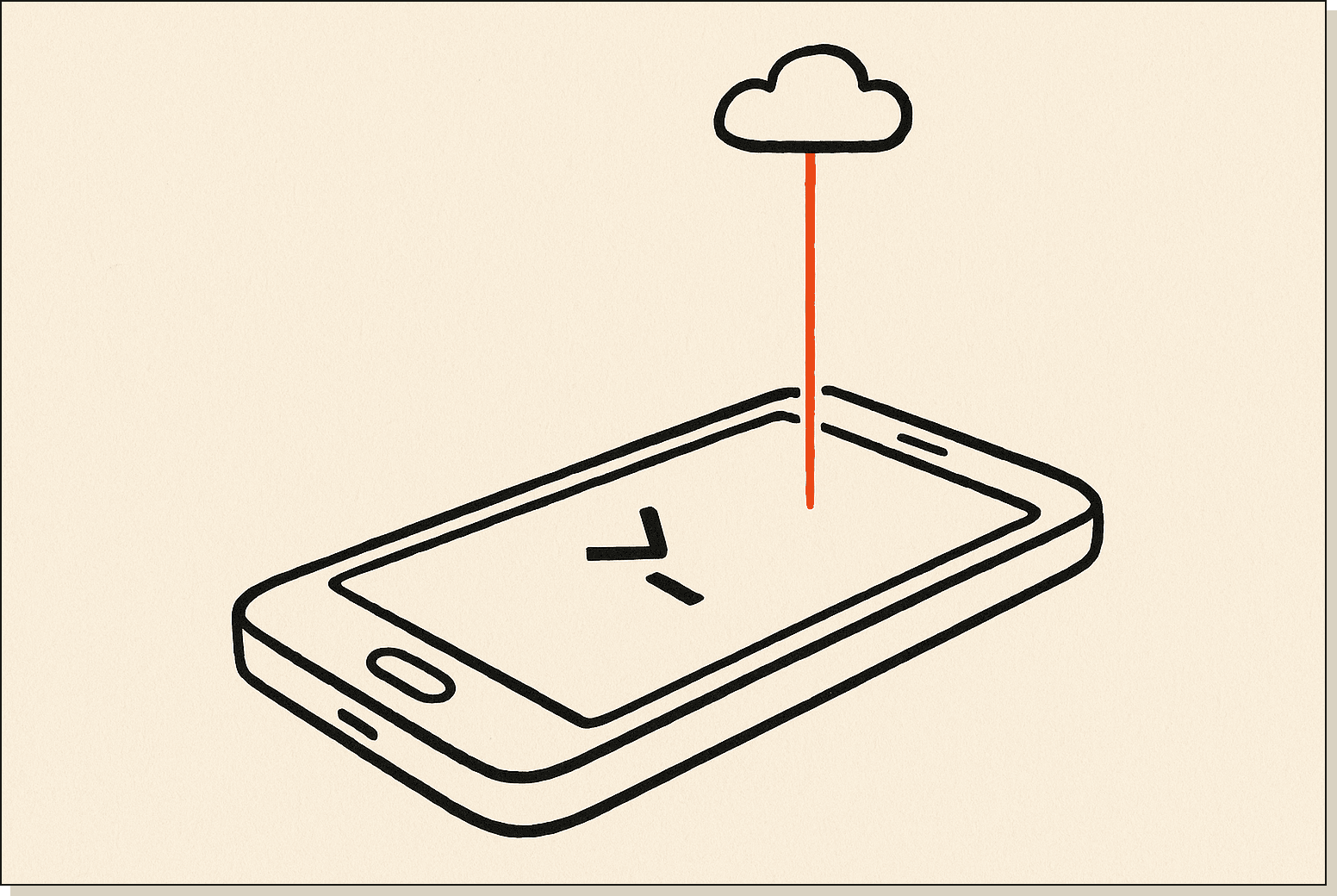 A smartphone laid flat with a small terminal cursor visible on its screen and a thin orange thread connecting to a tiny cloud icon