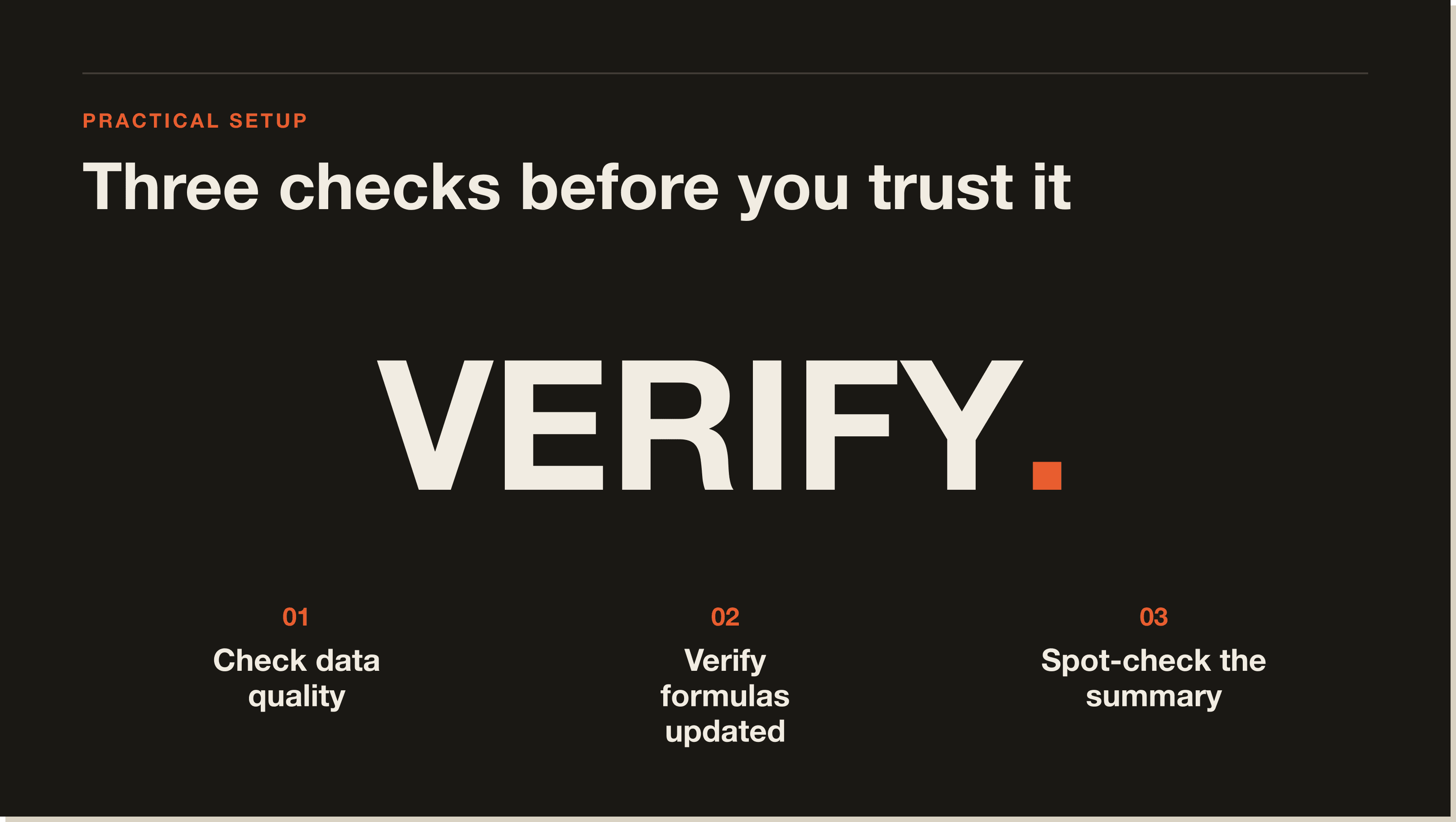 Four checks before you let the add-in touch a sheet you ship. Pin the range, verify the formula, backup, spot-check. A four-step concept diagram listing the safety checks to run before trusting the add-in on a real workbook