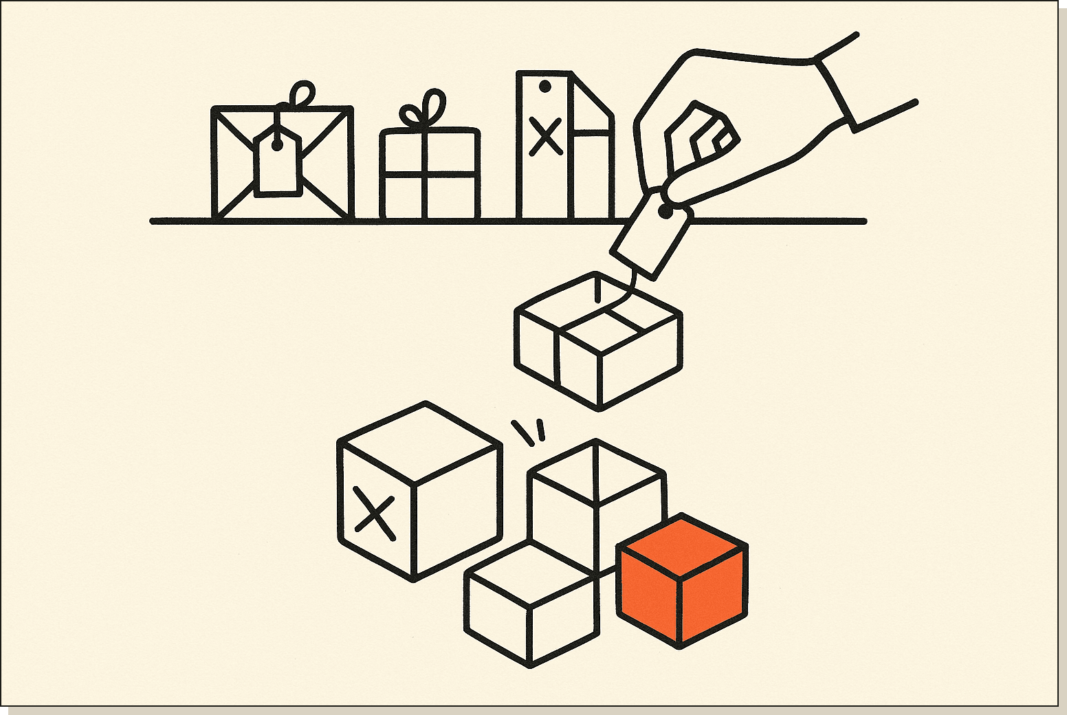 A plugin is a bundle. One install gives you the skills, commands, hooks, and MCP servers inside it. Several small bundle icons lined up on a shelf with one being unpacked into smaller modules, single orange accent on the unpacked module