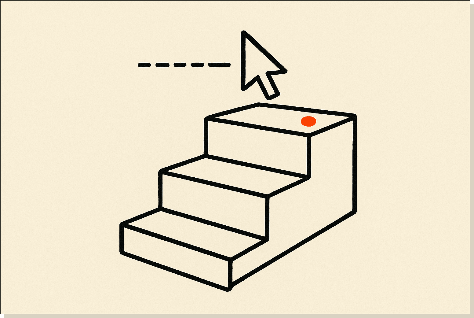 Install is three steps. The right OS path makes all three short. A short flight of three stairs with a terminal cursor at the top, single orange dot on the top step