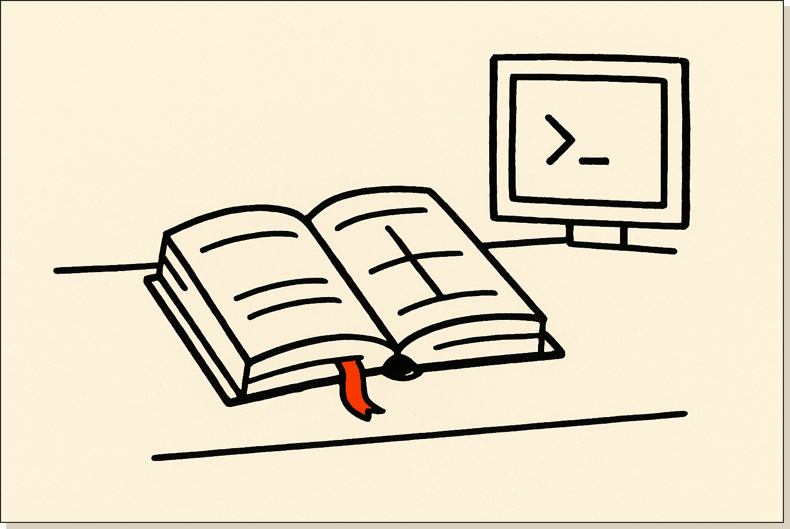 The 60-minute starting line. Open the manual, open a terminal, ship a thing. A small open manual on a desk with a terminal cursor next to it and an orange ribbon bookmark hanging out