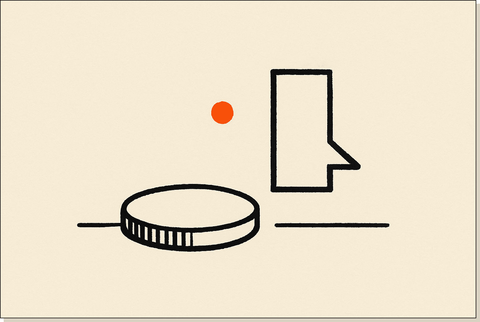 The honest version of the free question. A coin and a cursor. One of them costs money. A small metal coin lying next to a thin terminal cursor outline, single orange dot near the coin