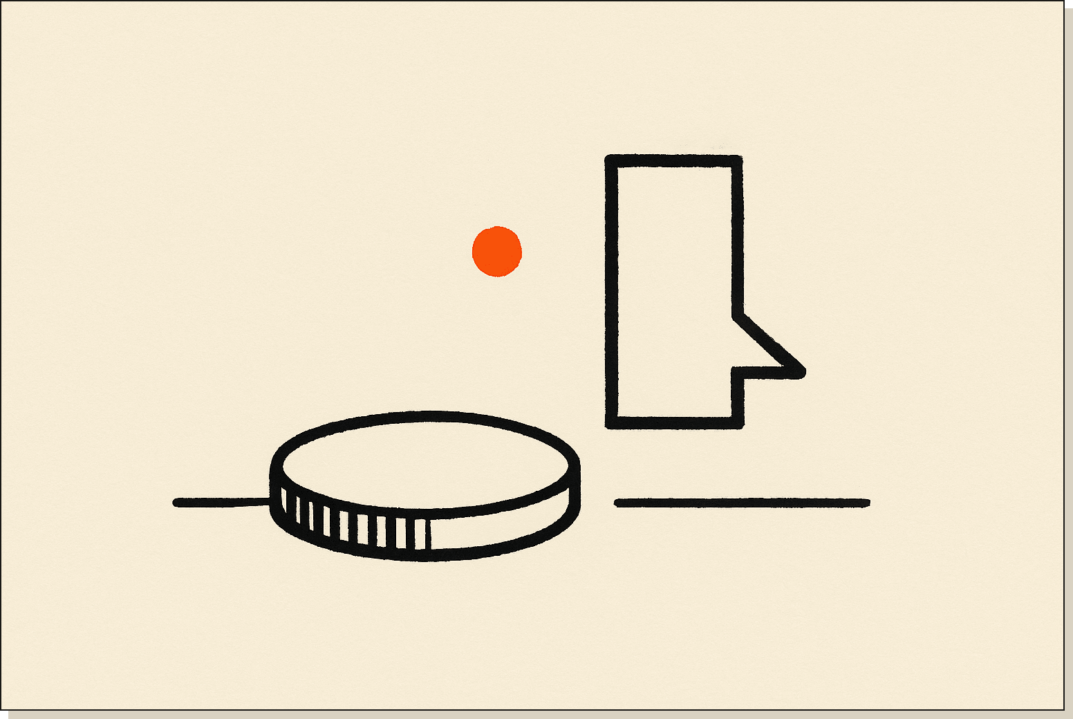 The honest version of the free question. A coin and a cursor. One of them costs money. A small metal coin lying next to a thin terminal cursor outline, single orange dot near the coin