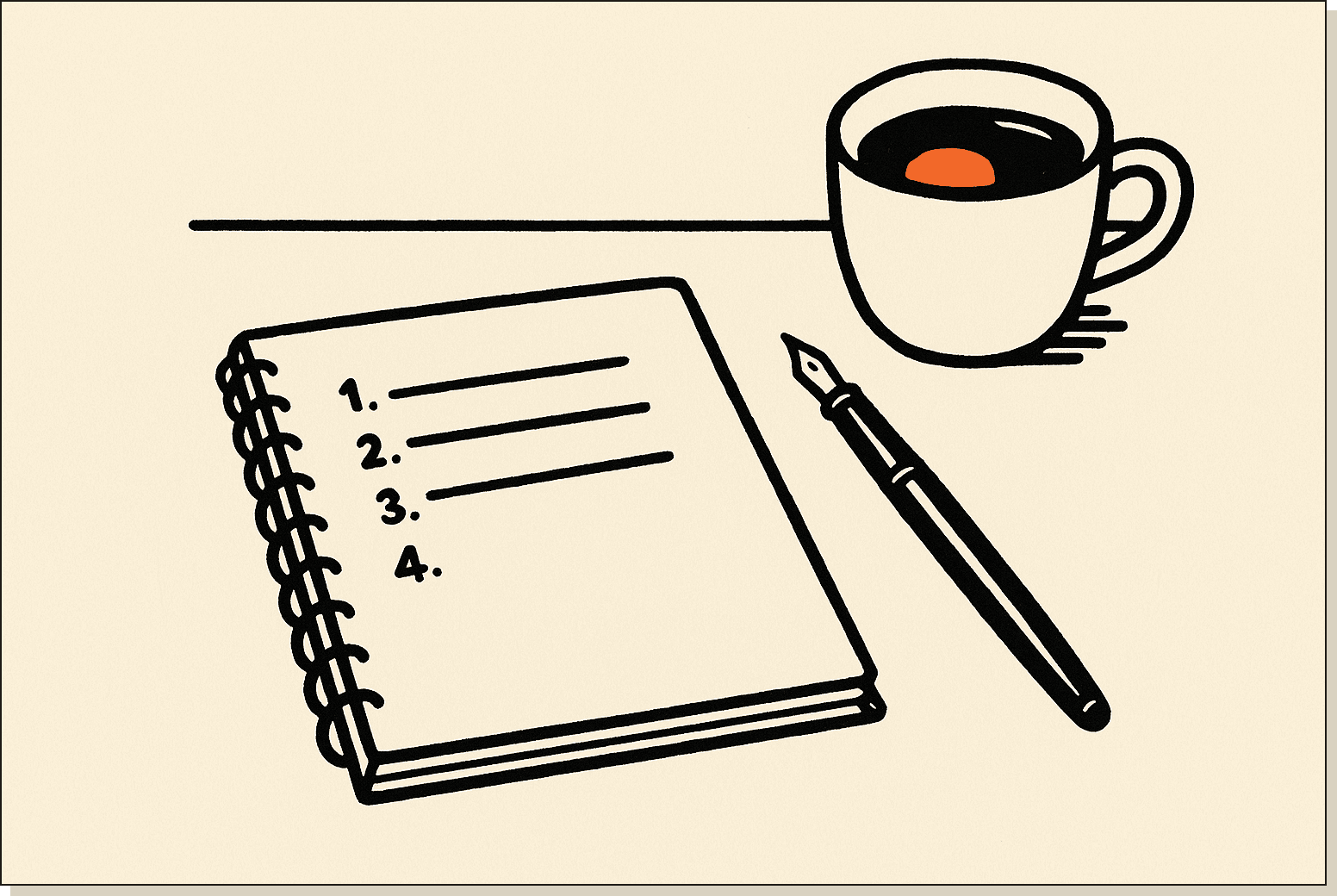 Karpathy's CLAUDE.md as it exists in the wild: a short, ordered, decisive file. An open notebook with four numbered lines beside a fountain pen and a coffee cup with an orange accent