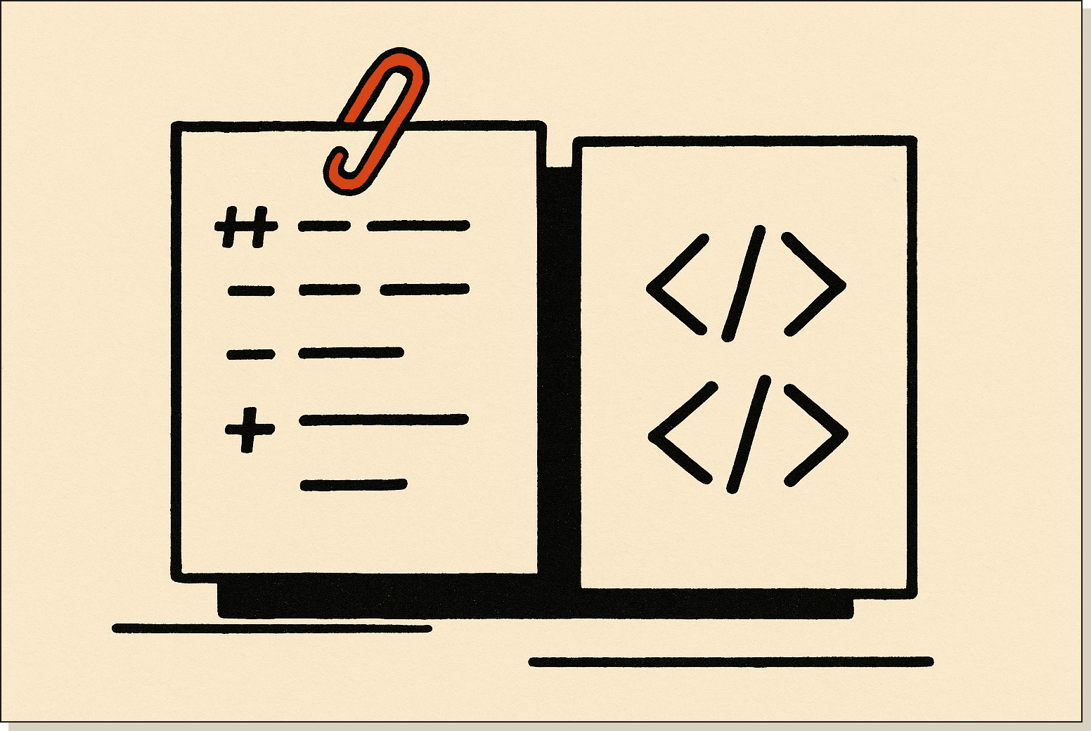 Same content, two formats. The format you pick decides whether the agent re-parses what it wrote ten turns later. Two sheets of paper on a desk, one with markdown hashes and dashes, one with HTML angle brackets, joined by a single orange paperclip
