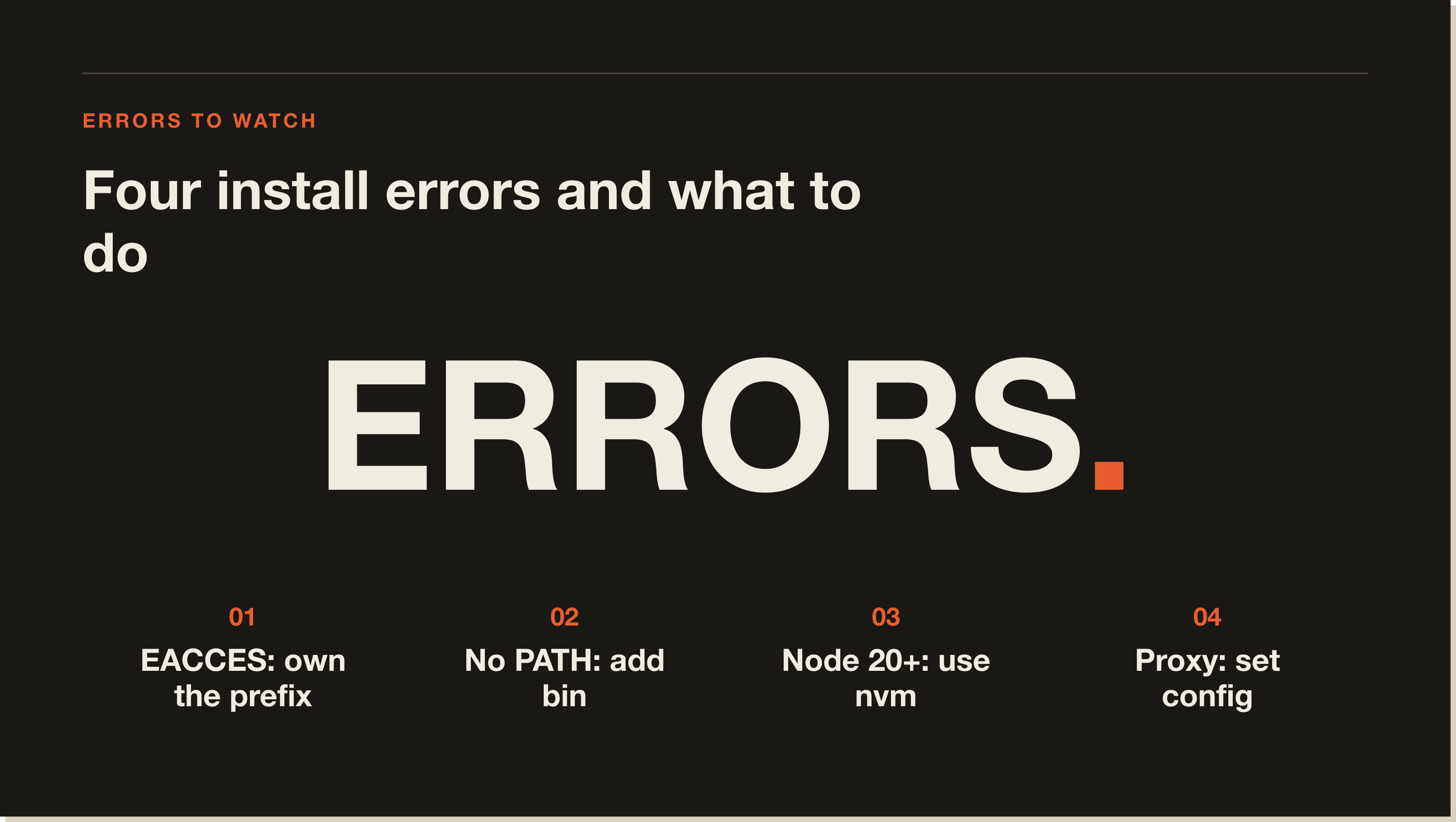 The four errors that catch most people on first install. Each one has a one-line fix. A four-part concept panel of common install errors and what to do: EACCES, ENOENT, E404, EBADENGINE