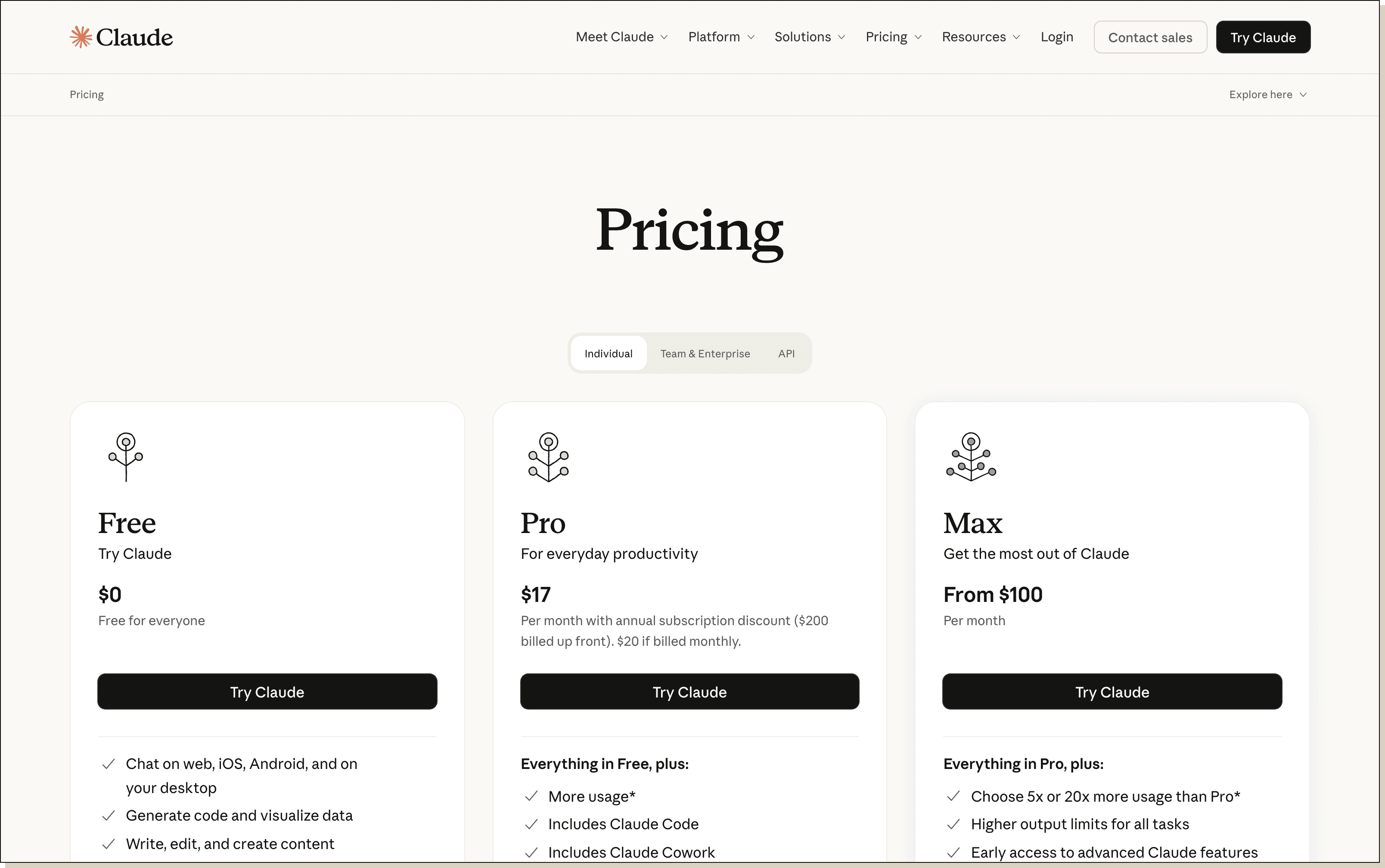 Anthropic's individual plan pricing. Pro is $20 monthly or $200 annually, while Max starts at $100 per month. Anthropic pricing page showing Free, Pro and Max Claude plans